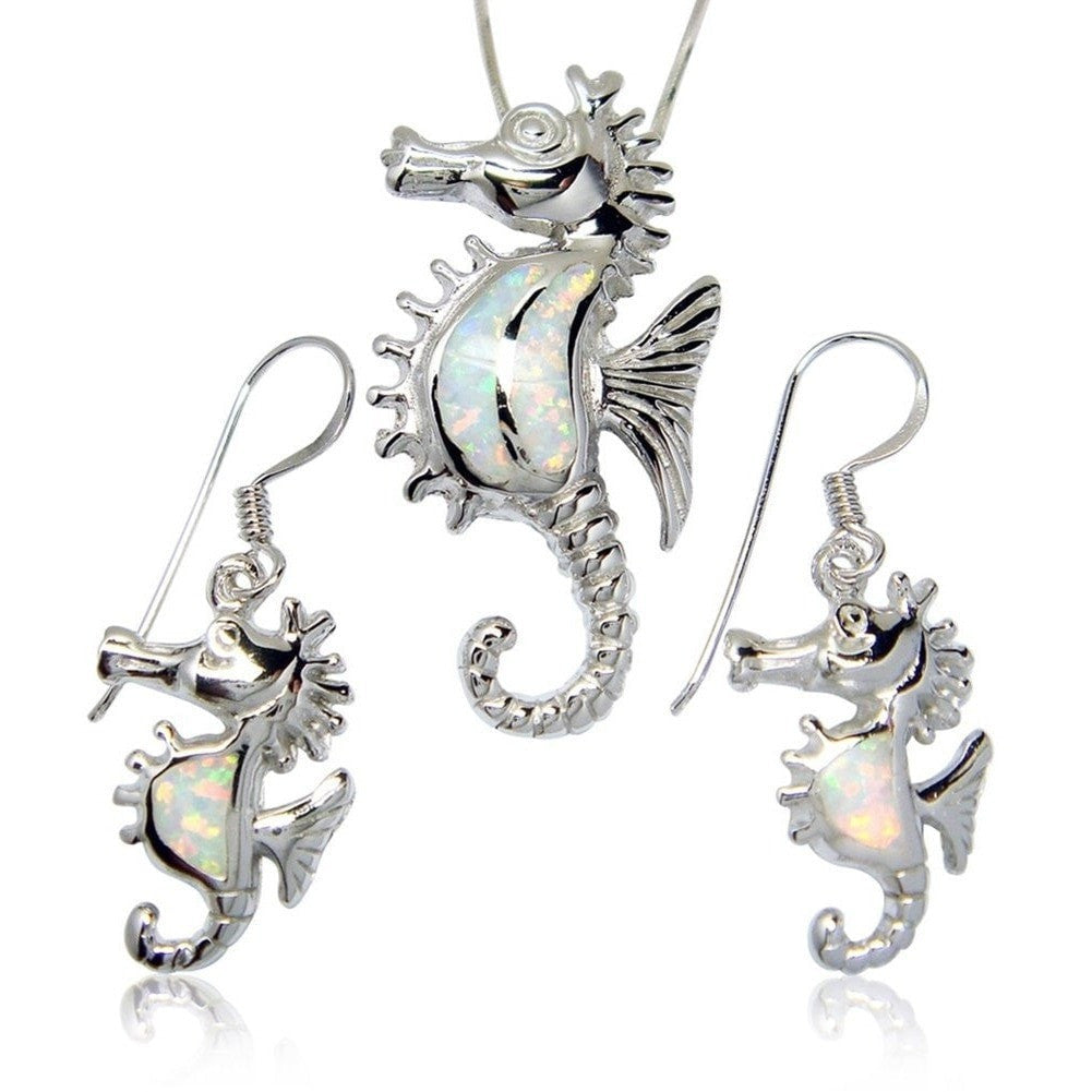 925 Sterling Silver White Opal Seahorse Pendant Earrings Set - SilverMania925