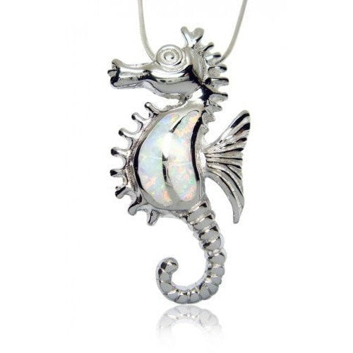 925 Sterling Silver White Opal Seahorse Sea Pendant - SilverMania925