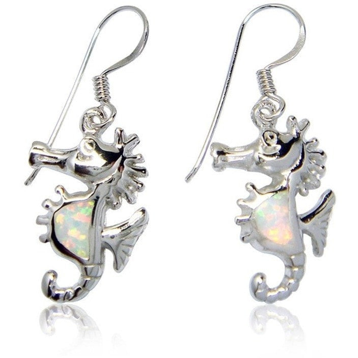 925 Sterling Silver White Opal Seahorse Sea Dangle Earrings - SilverMania925