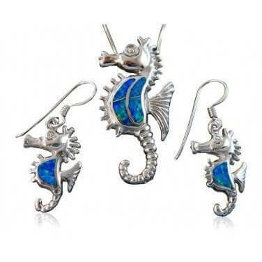 925 Sterling Silver Blue Opal Seahorse Jewelry Set - SilverMania925