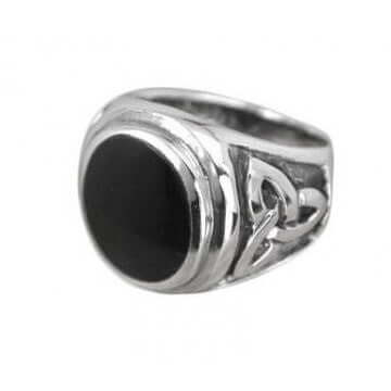 925 Sterling Silver Mans Oval Onyx Celtic Triquetra Trinity Knot Ring - SilverMania925