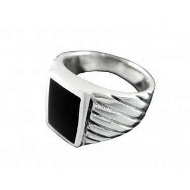 925 Sterling Silver Mens Rectangle Engraved Sides Black Onyx Ring 12gr - SilverMania925