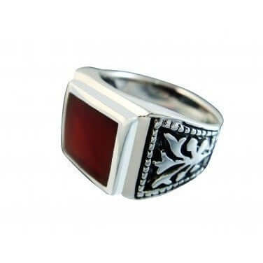 925 Sterling Silver Mens Square Carnelian Celtic Engraved Side Ring - SilverMania925