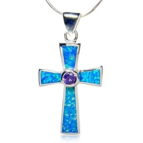 925 Sterling Silver Cross Pendant Hawaiian Blue Opal & CZ - SilverMania925