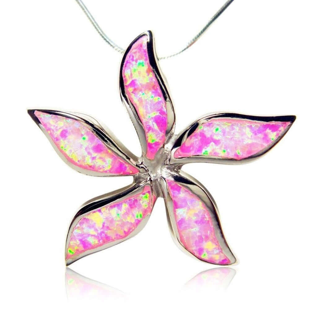 925 Sterling Silver Pink Fire Opal Starfish Flower Big Charm Pendant - SilverMania925