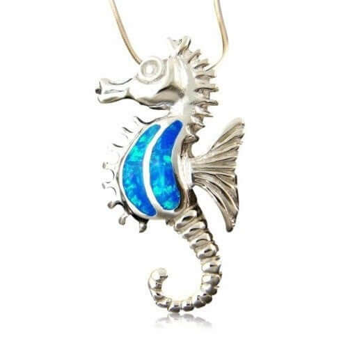 925 Sterling Silver Pendant Hawaiian Blue Opal Seahorse Sea - SilverMania925