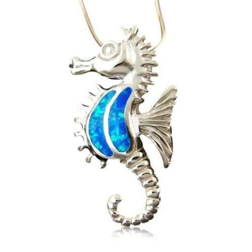 925 Sterling Silver Pendant Hawaiian Blue Opal Seahorse Sea