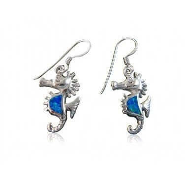 Sterling Silver Blue Fire Opal Seahorse Earrings - SilverMania925