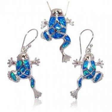 925 Sterling Silver Blue Mosaic Opal Lucky Frog Pendant Earrings Set