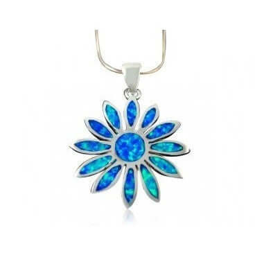 925 Sterling Silver Pendant Hawaiian Blue Opal Daisy Flower - SilverMania925
