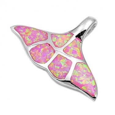 925 Sterling Silver Pink Fire Inlay Opal Whale Tail Charm Pendant