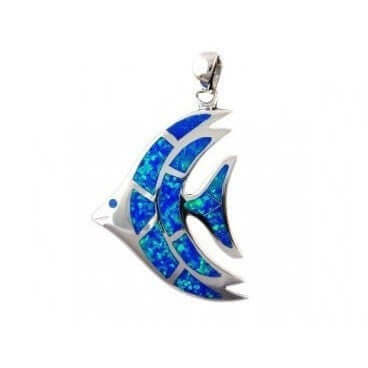 925 Sterling Silver Hawaiian Blue Fire Inlay Opal Fish Big Pendant 8gr