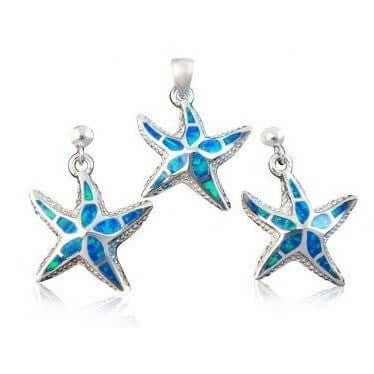 925 Silver Hawaiian Blue Fire Opal Starfish Jewelry Set - SilverMania925