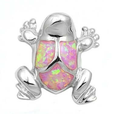 925 Sterling Silver Pink Fire Inlay Opal Lucky Frog Charm Pendant - SilverMania925