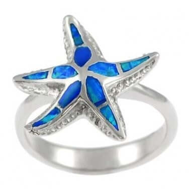 925 Sterling Silver Ring Hawaiian Blue Inlay Opal 3D Sea Starfish - SilverMania925