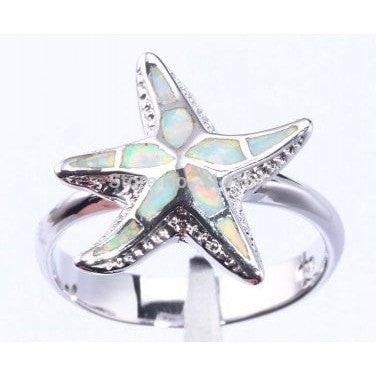 925 Sterling Silver White Fire Inlay Opal 3D Sea Starfish Ring - SilverMania925