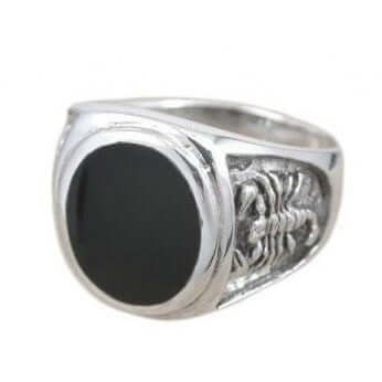 925 Sterling Silver Men's Oval Black Onyx Engraved Scorpion Thick Ring - SilverMania925