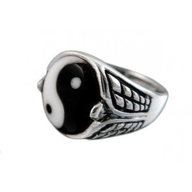 925 Sterling Silver Yin Yang with Checkered Sides Ring - SilverMania925