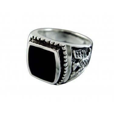 925 Sterling Silver Mens German Iron Eagle Black Onyx Thick Ring 13gr - SilverMania925
