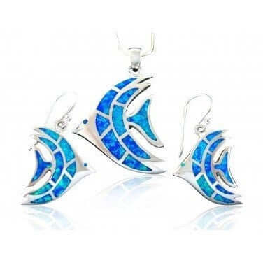 925 Sterling Silver Hawaiian Blue Fire Opal Fish Pendant Earrings Set