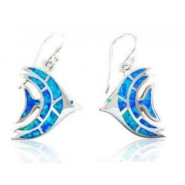 925 Sterling Silver Hawaiian Blue Fire Opal Fish Dangle Earrings Set
