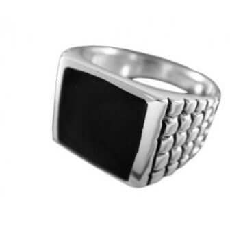 925 Sterling Silver Mens Square Black Inlay Onyx Engraved Checkered Ring