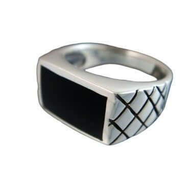 925 Sterling Silver Men's Black Onyx Engraved Checkered Wide Ring - SilverMania925
