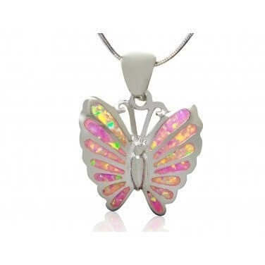 925 Sterling Silver Pink Mosaic Fire Inlay Opal Butterfly Charm Pendant