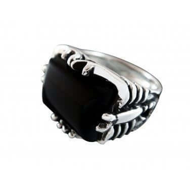 925 Sterling Silver Men's Onyx Engraved Big Scorpion Ring - SilverMania925