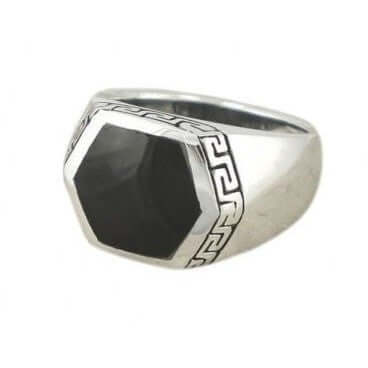 925 Sterling Silver Men's Hexagonal Black Onyx Greek Key Ring - SilverMania925