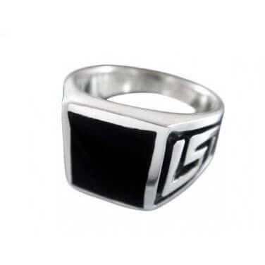 925 Sterling Silver Men's Onyx Engraved Greek Key Meander Meandros Ring