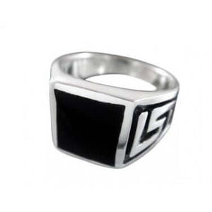 925 Sterling Silver Men's Onyx Engraved Greek Key Meander Meandros Ring