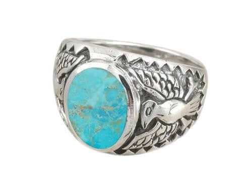 925 Sterling Silver Mens German Eagle Oval Genuine Inlay Turquoise Ring - SilverMania925