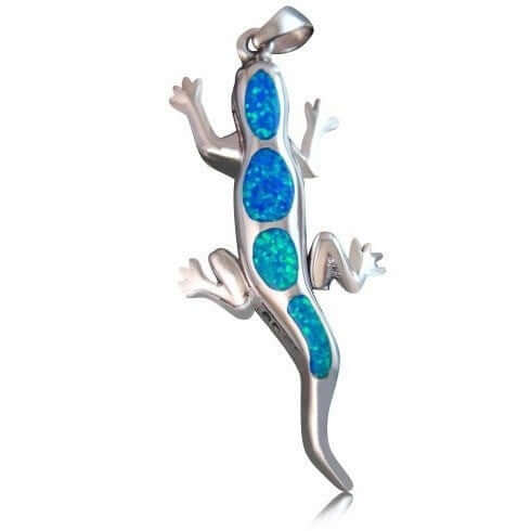 925 Sterling Silver Hawaiian Blue Fire Inlay Opal Lizard Gecko Pendant