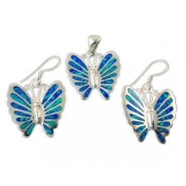 925 Sterling Silver Earrings Pendant Set Hawaiian Opal Butterfly - SilverMania925