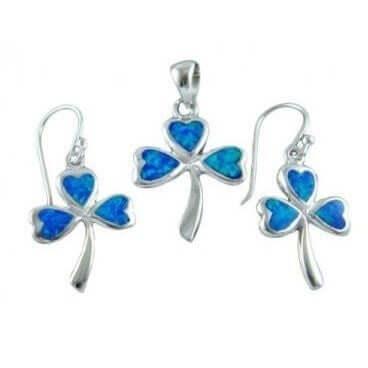 925 Sterling Silver Hawaiian Blue Opal Celtic Shamrock Pendant Earrings Set