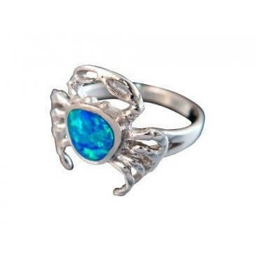 925 Sterling Silver Hawaiian Blue Fire Inlay Opal Sea Crab Ring - SilverMania925