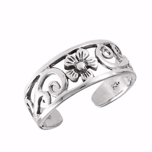 925 Sterling Silver Flower Swirl Filigree Oxidized Adjustable Pinky Toe Ring