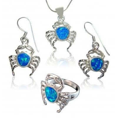 Sterling Silver Hawaiian Blue Opal Crab Jewelry Set - SilverMania925