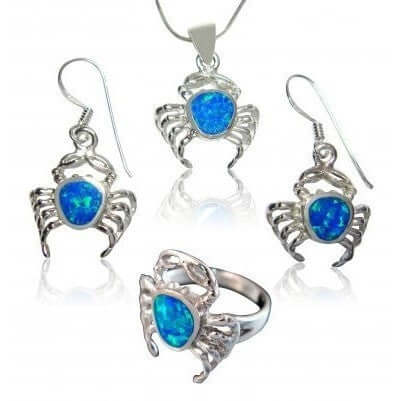 Sterling Silver Hawaiian Blue Opal Crab Jewelry Set - SilverMania925
