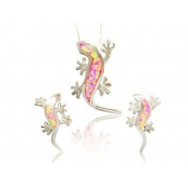 925 Sterling Silver Pendant Stud Earrings Set Pink Opal Lizard - SilverMania925