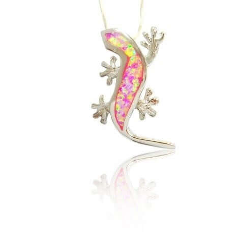 925 Sterling Silver Pink Fire Opal Lizard Lucky Gecko Charm Pendant - SilverMania925