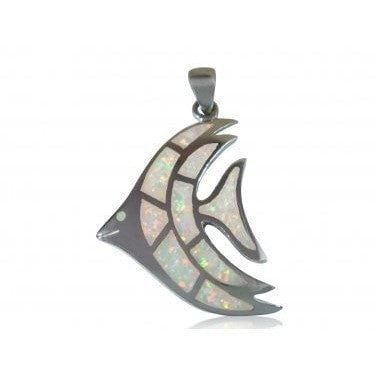 925 Sterling Silver White Fire Inlay Opal Sea Fish Big Pendant 8gr - SilverMania925