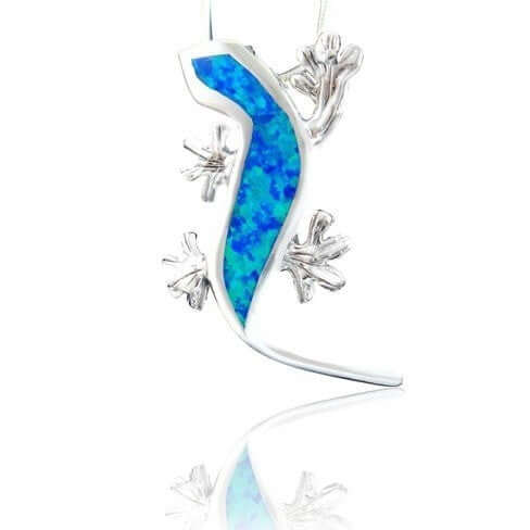 925 Sterling Silver Hawaiian Blue Fire Opal Lizard Lucky Gecko Charm Pendant