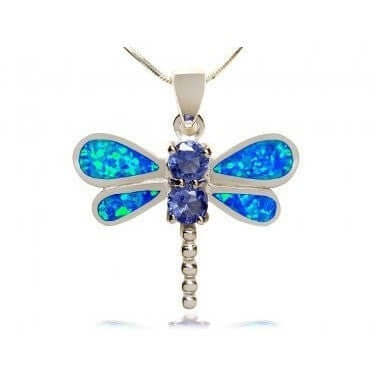 925 Sterling Silver Pendant Blue Opal Cubic Zirconia Dragonfly