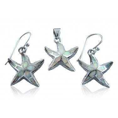 925 Sterling Silver White Opal Starfish Pendant Earrings Set - SilverMania925