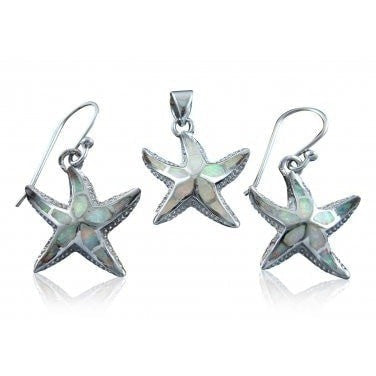 925 Sterling Silver White Opal Starfish Pendant Earrings Set