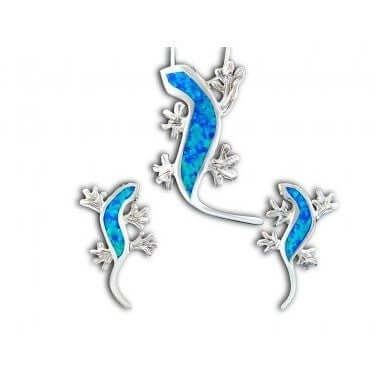 925 Sterling Silver Hawaiian Blue Opal Lizard Pendant Stud Earrings Set