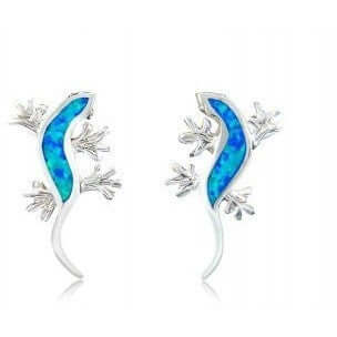 925 Sterling Silver Hawaiian Blue Fire Inlay Opal Lucky Lizard Stud Earrings Set