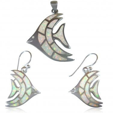 925 Sterling Silver White Fire Opal Fish Pendant Dangle Earrings Jewelry Set
